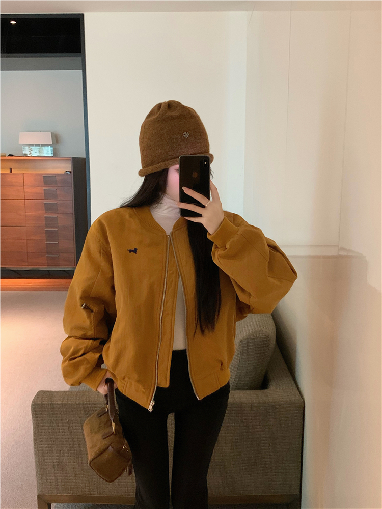 Short baseball coat cstand collar embroidery tops for women