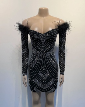Rhinestone European style feather dress for women