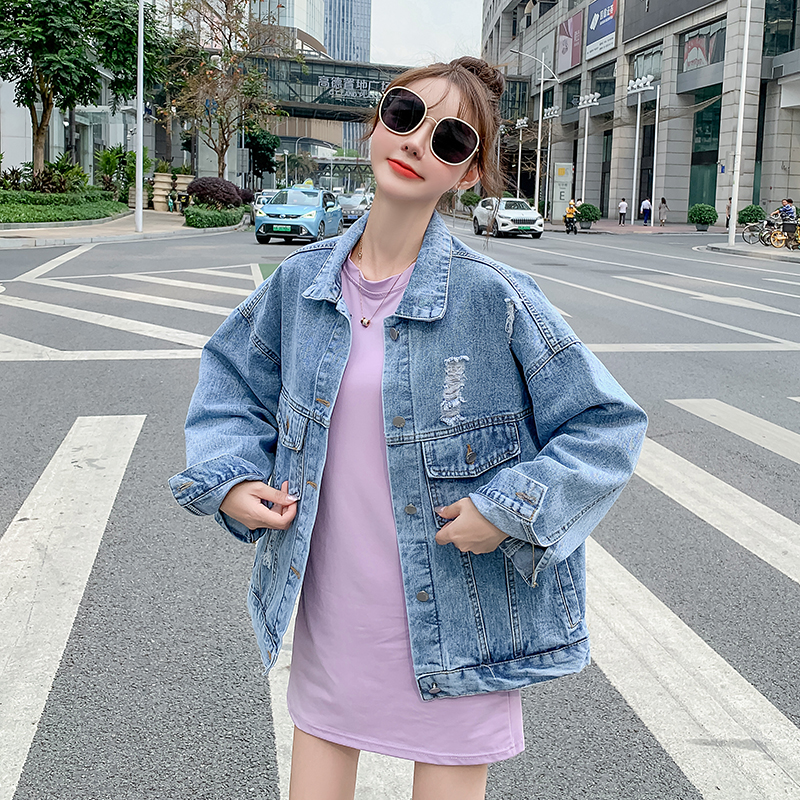 Spring denim spring and autumn jacket holes loose tops