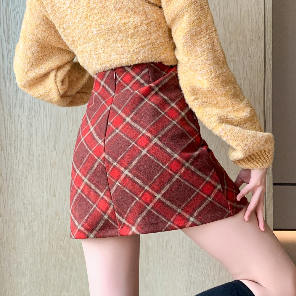 Retro plaid A-line short skirt Korean style high waist skirt