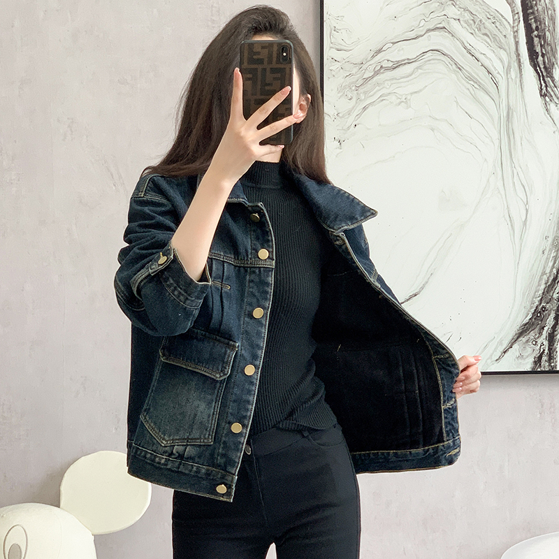 Retro denim thermal coat thick washed all-match tops