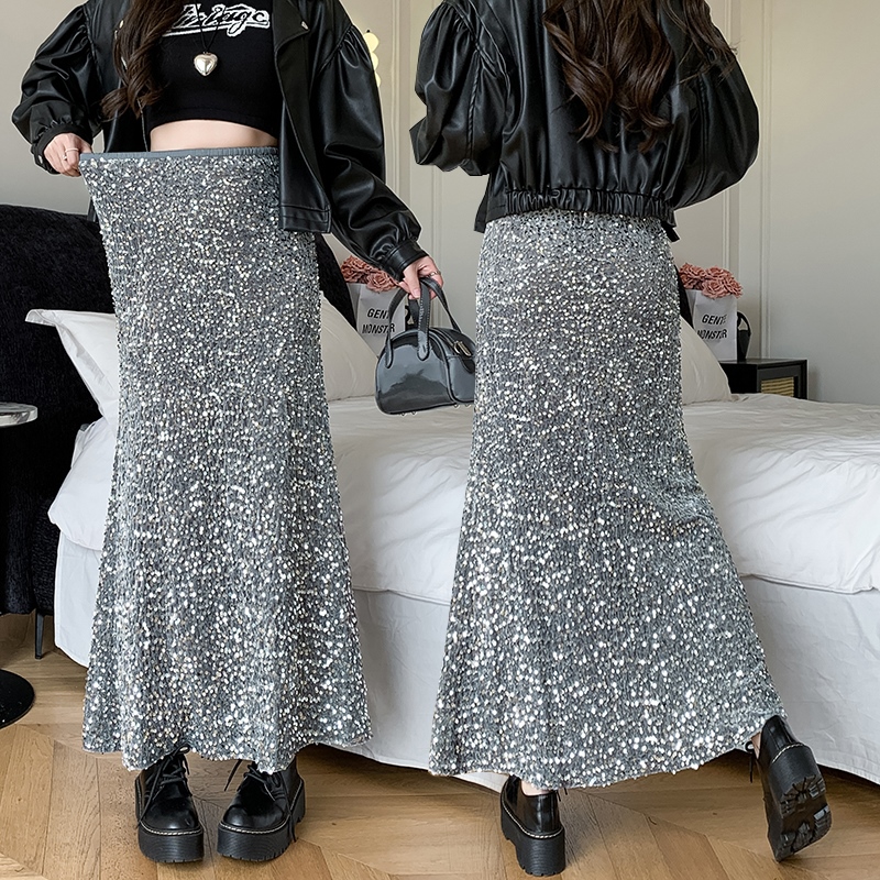 Fashion niche skirt high waist sequins long skirt for women