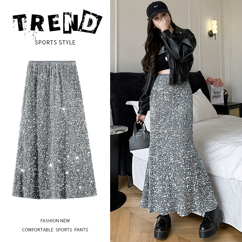 Fashion niche skirt high waist sequins long skirt for women