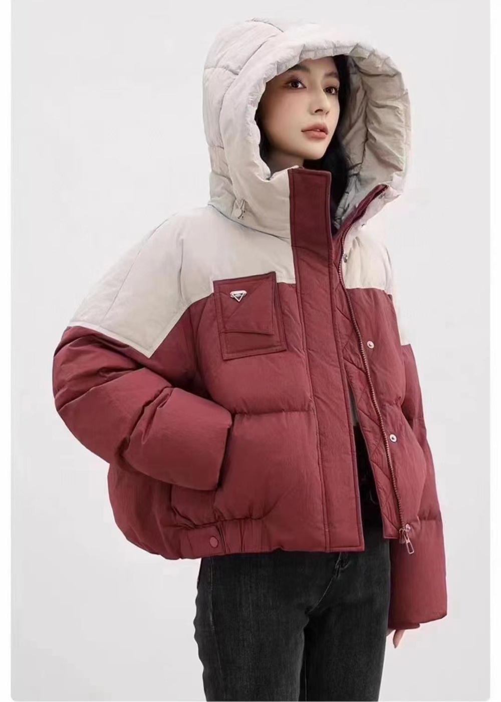 Hooded down coat splice coat for women