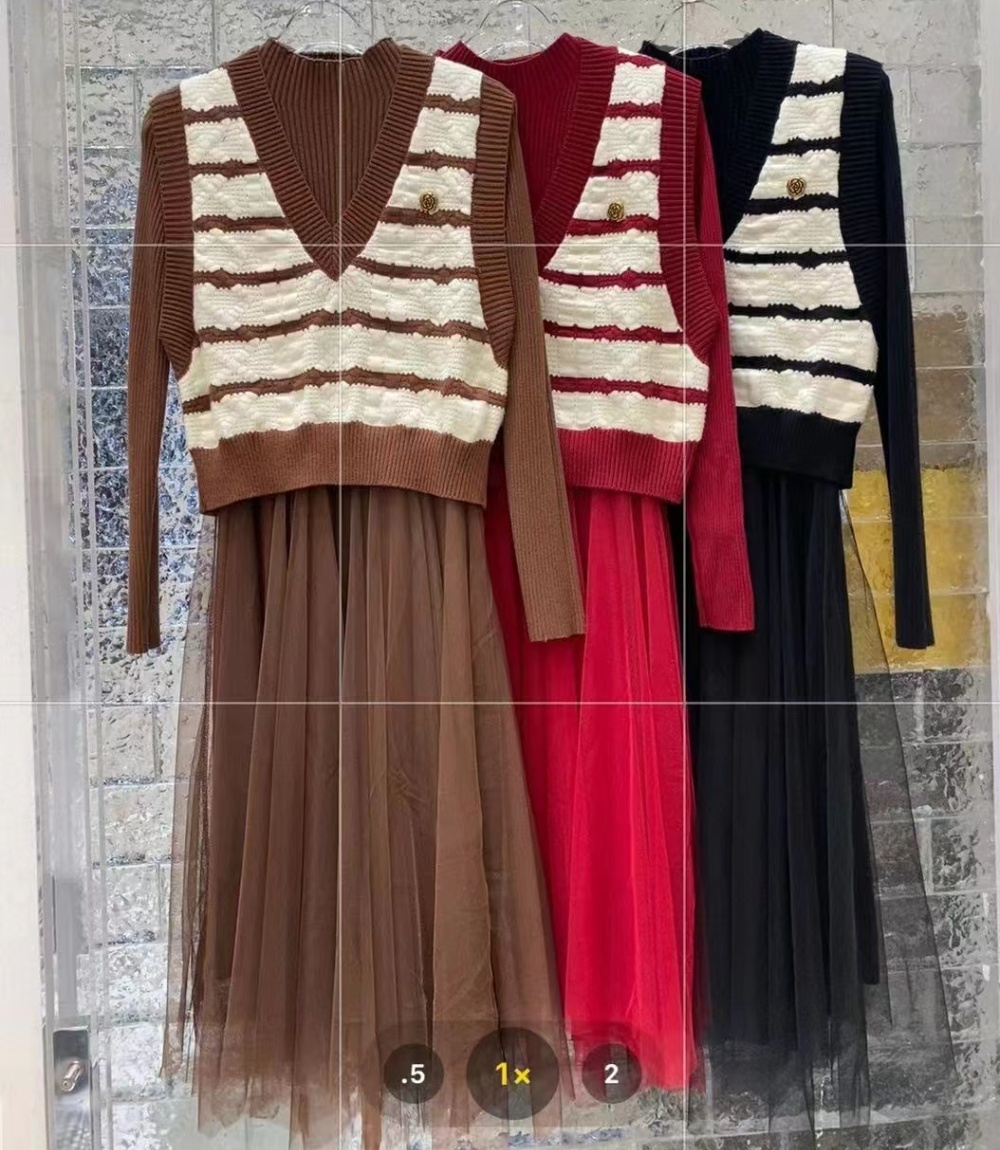 Knitted irregular tops gauze waistcoat 2pcs set for women