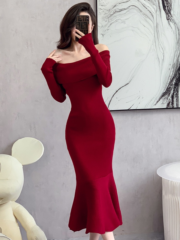 Lady flat shoulder pure France style pullover dress