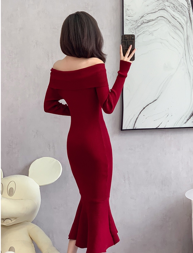 Lady flat shoulder pure France style pullover dress
