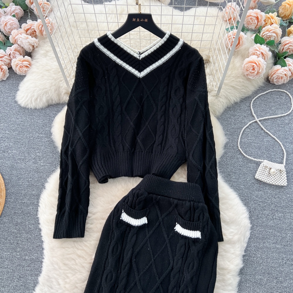 Lazy knitted skirt package hip sweater a set for women