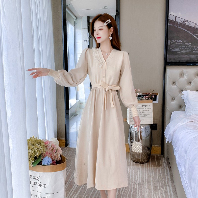 Puff sleeve all-match A-line knitted bottoming V-neck dress