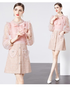 Woolen bow sequins chanelstyle gauze splice dress