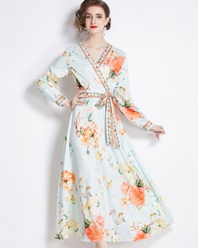 Pinched waist printing European style fashion all-match dress