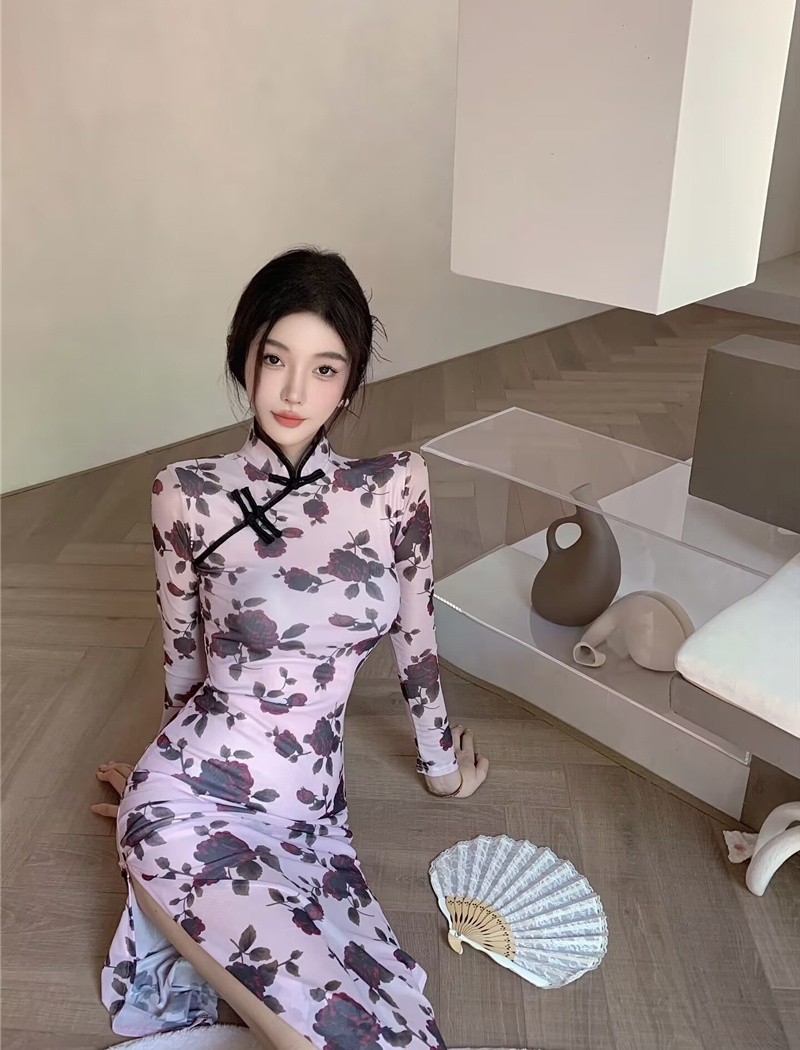 Chinese style light cheongsam gauze dress for women