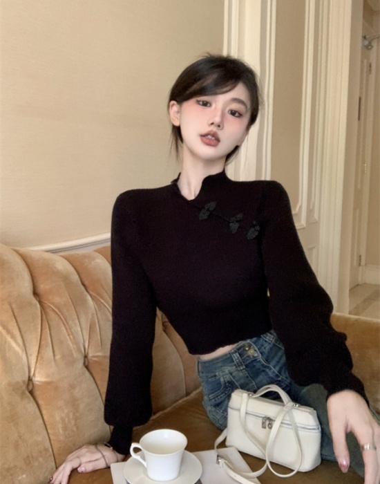 Cstand collar tender slim Chinese style sweater