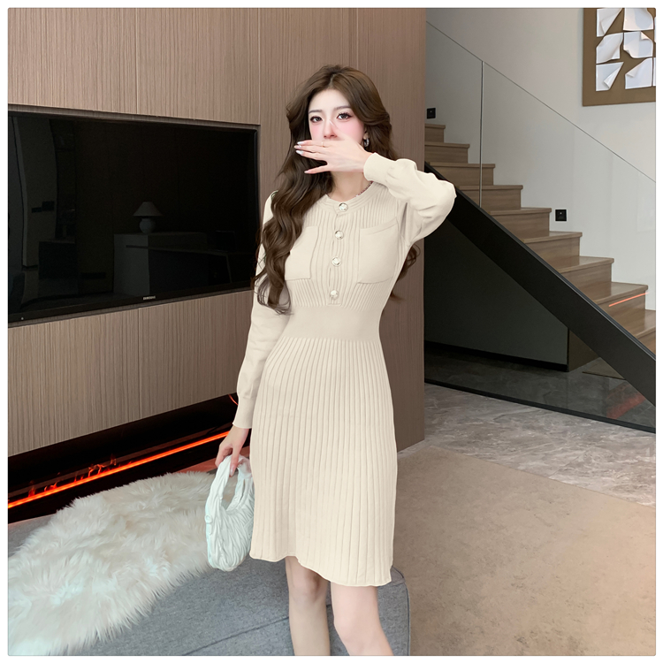 Pinched waist slim knitted pleated dress