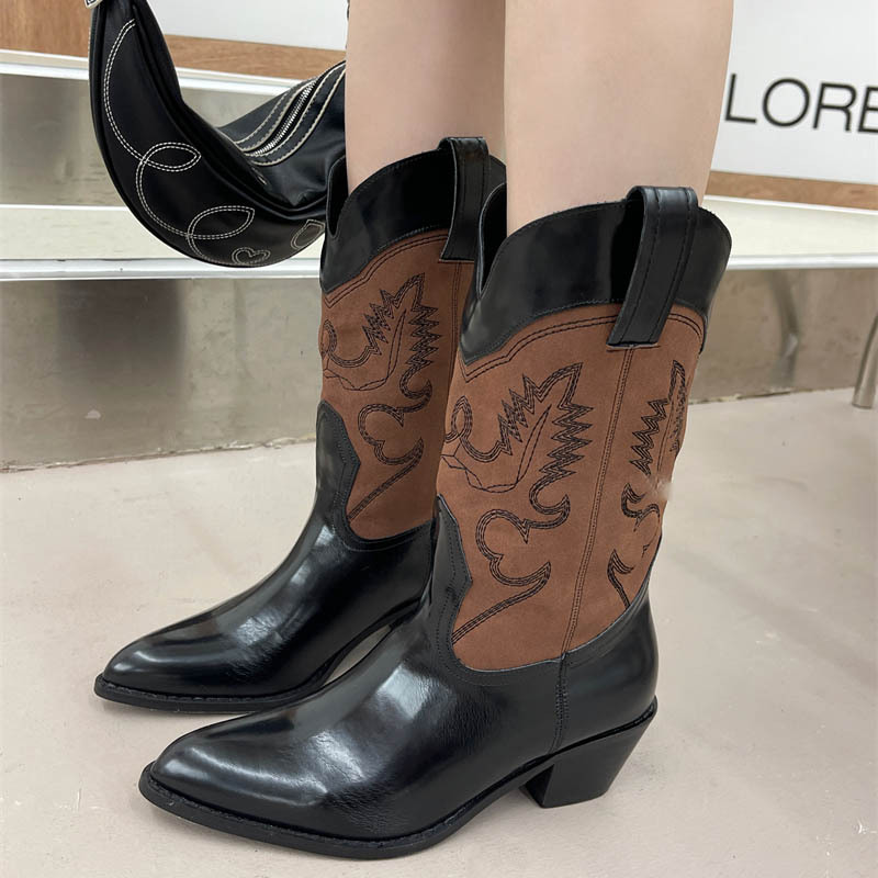 Thick middle-heel women's boots embroidery half Boots