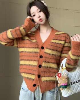 Loose hairy coat mixed colors stripe sweater