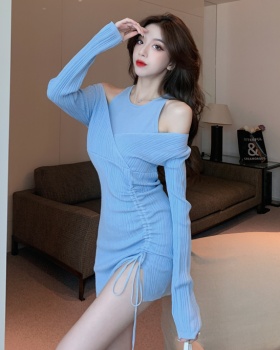 Unique knitted niche sexy autumn package hip dress