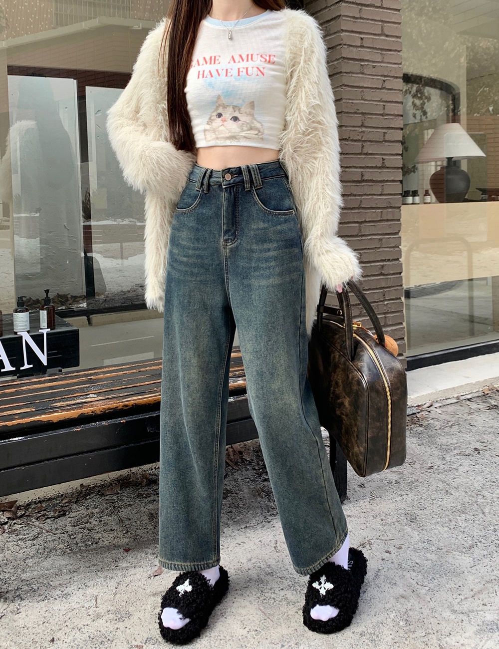 Thermal straight jeans winter thick pants for women