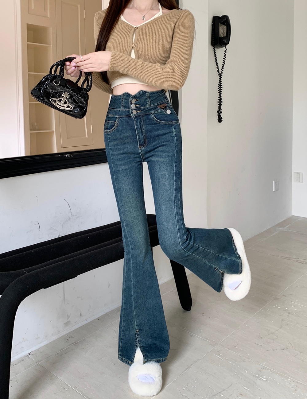 High waist thermal jeans slim thick long pants for women