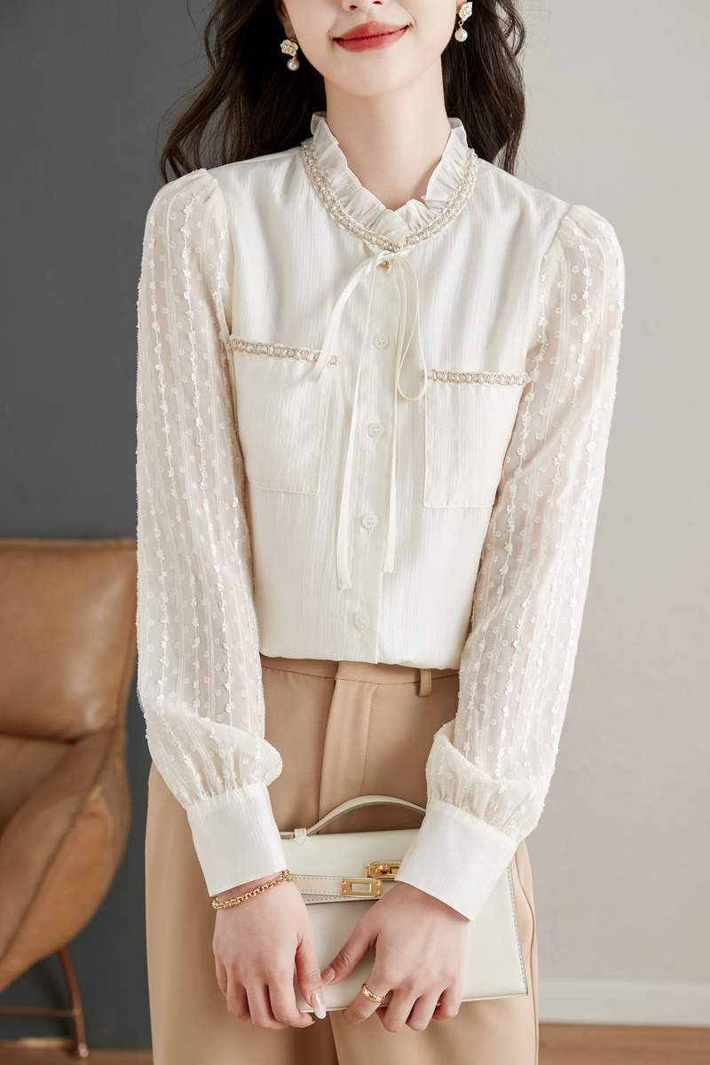 Chanelstyle puff sleeve shirt thick tops for women