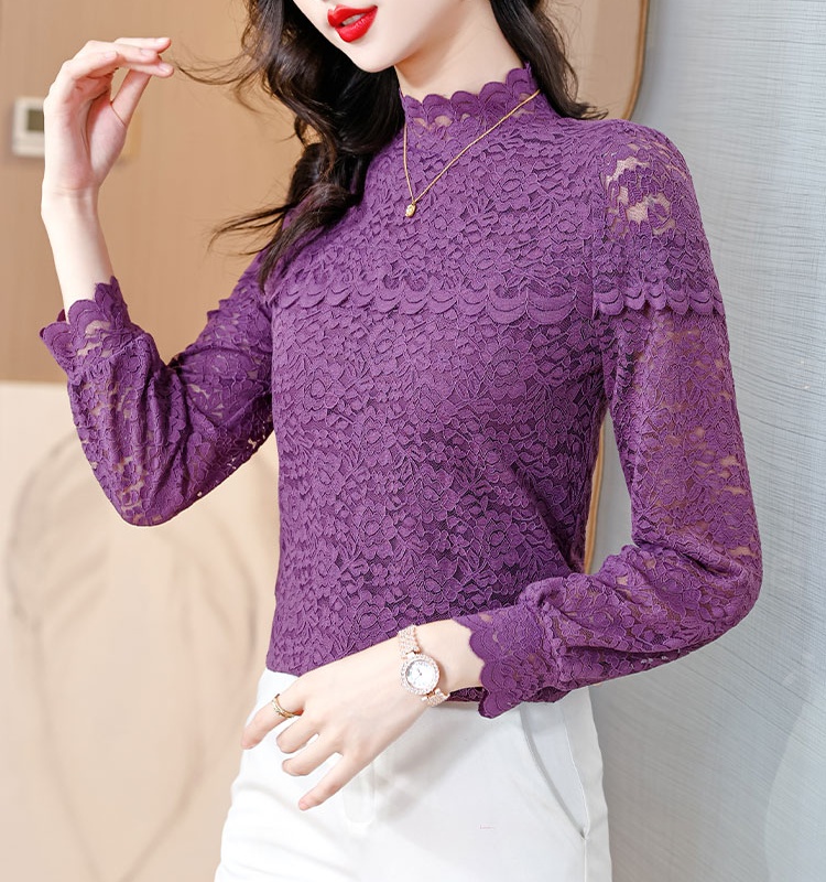 All-match autumn half high collar long sleeve lace tops