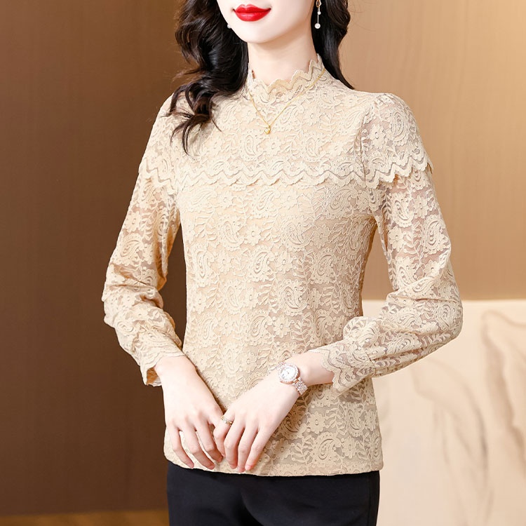 All-match autumn half high collar long sleeve lace tops