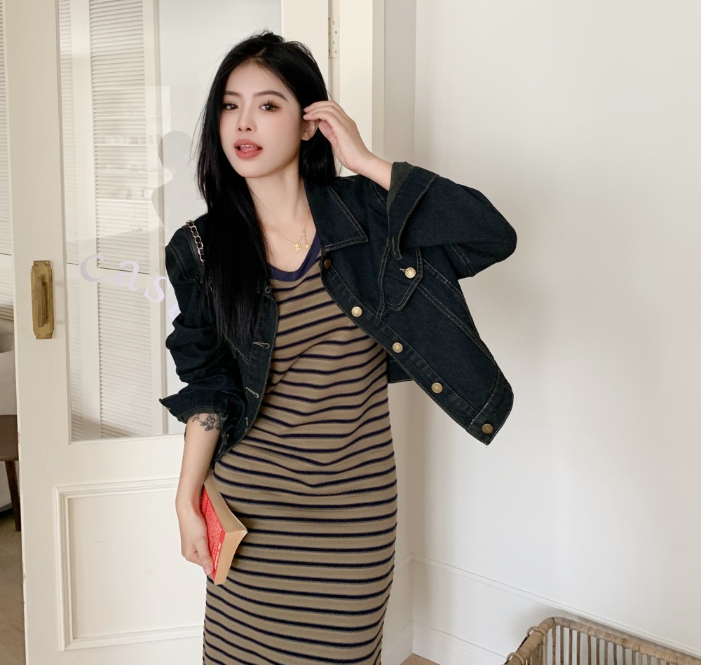 Stripe denim fat dress sling collocation coat 2pcs set