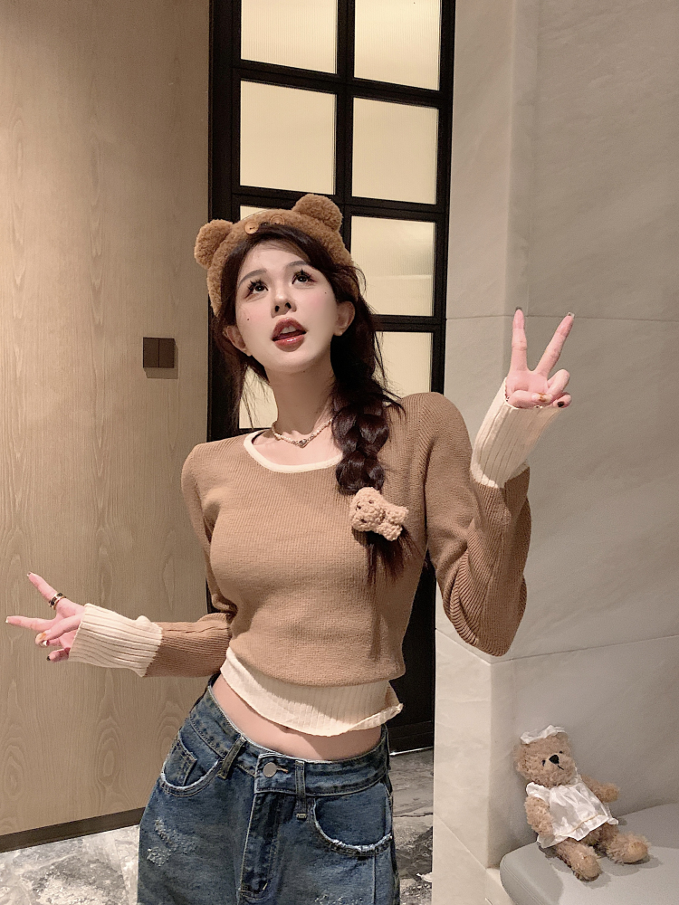 Knitted autumn slim all-match long sleeve mixed colors tops