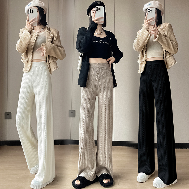 Knitted high waist straight pants wide leg pants for women