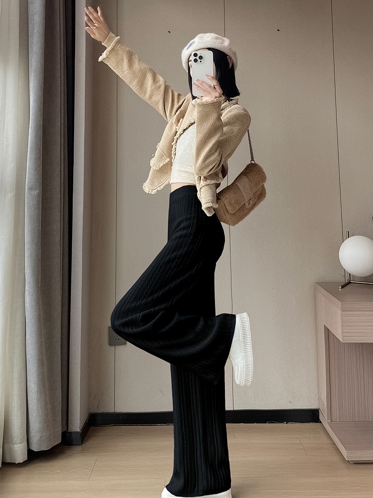 Knitted high waist straight pants wide leg pants for women