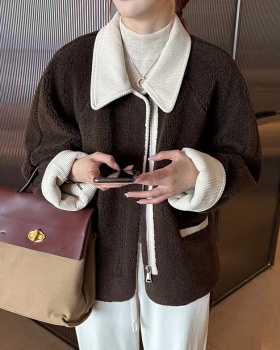 Lambs wool lapel coat Korean style slim tops for women