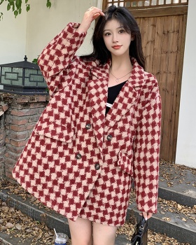 Plaid Korean style woolen coat woolen thick overcoat