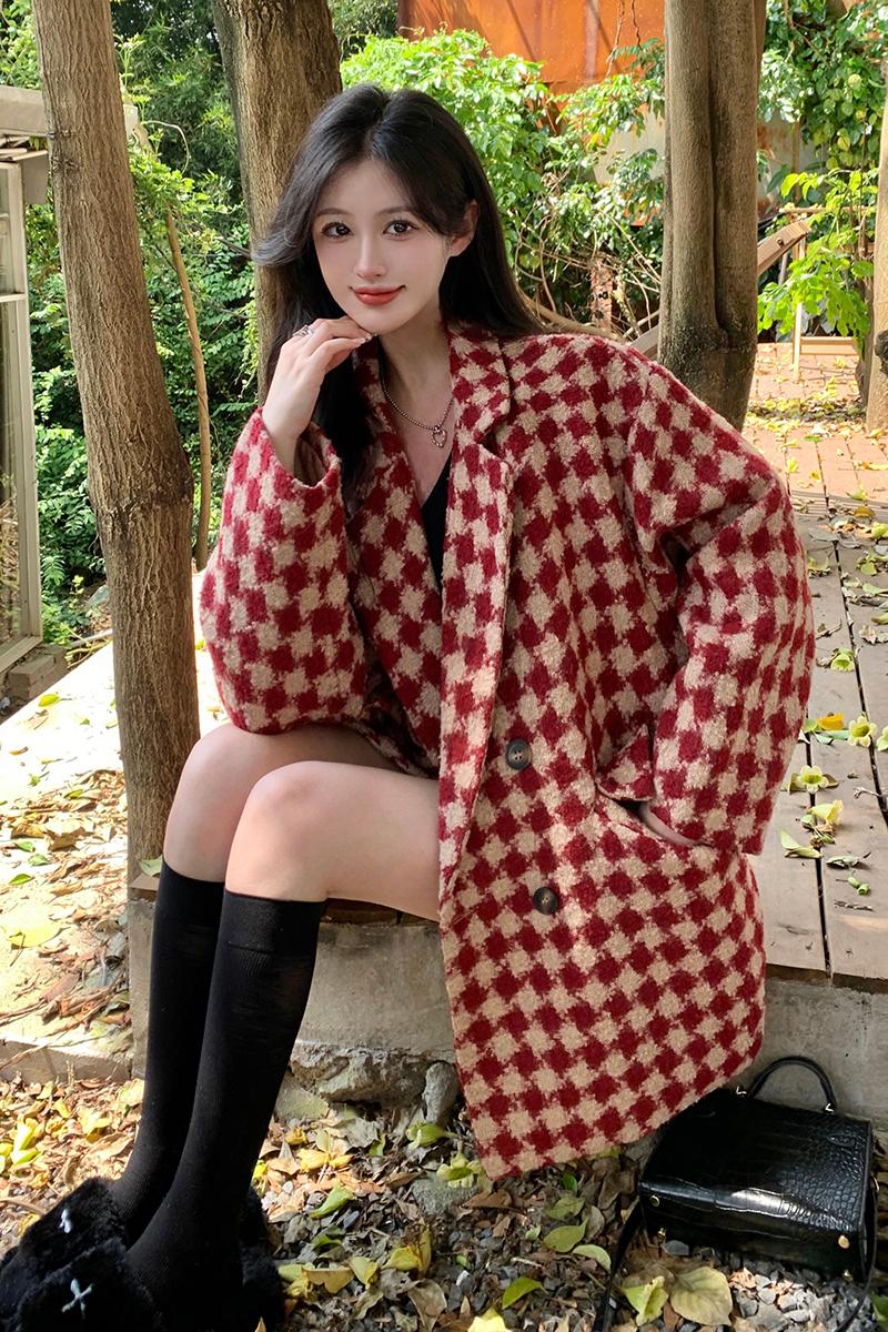Plaid Korean style woolen coat woolen thick overcoat