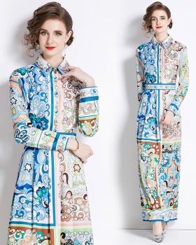 Printing fashion all-match pinched waist dress