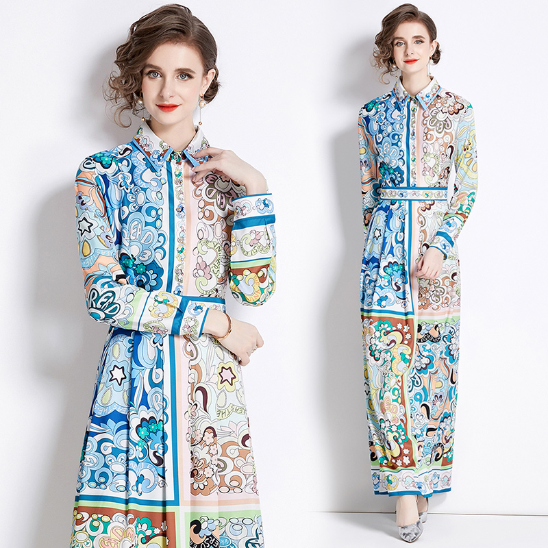 Printing fashion all-match pinched waist dress