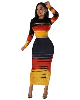 Printing package hip sexy pit stripe fashion skirt 2pcs set
