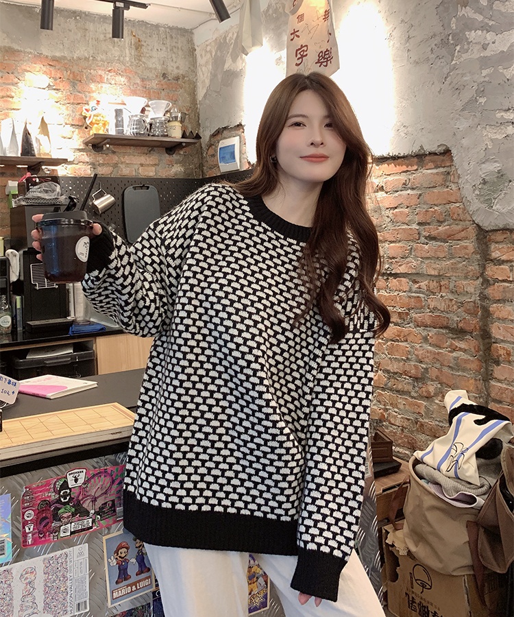 Chessboard sweater black-white tops for women