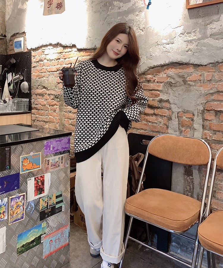 Chessboard sweater black-white tops for women