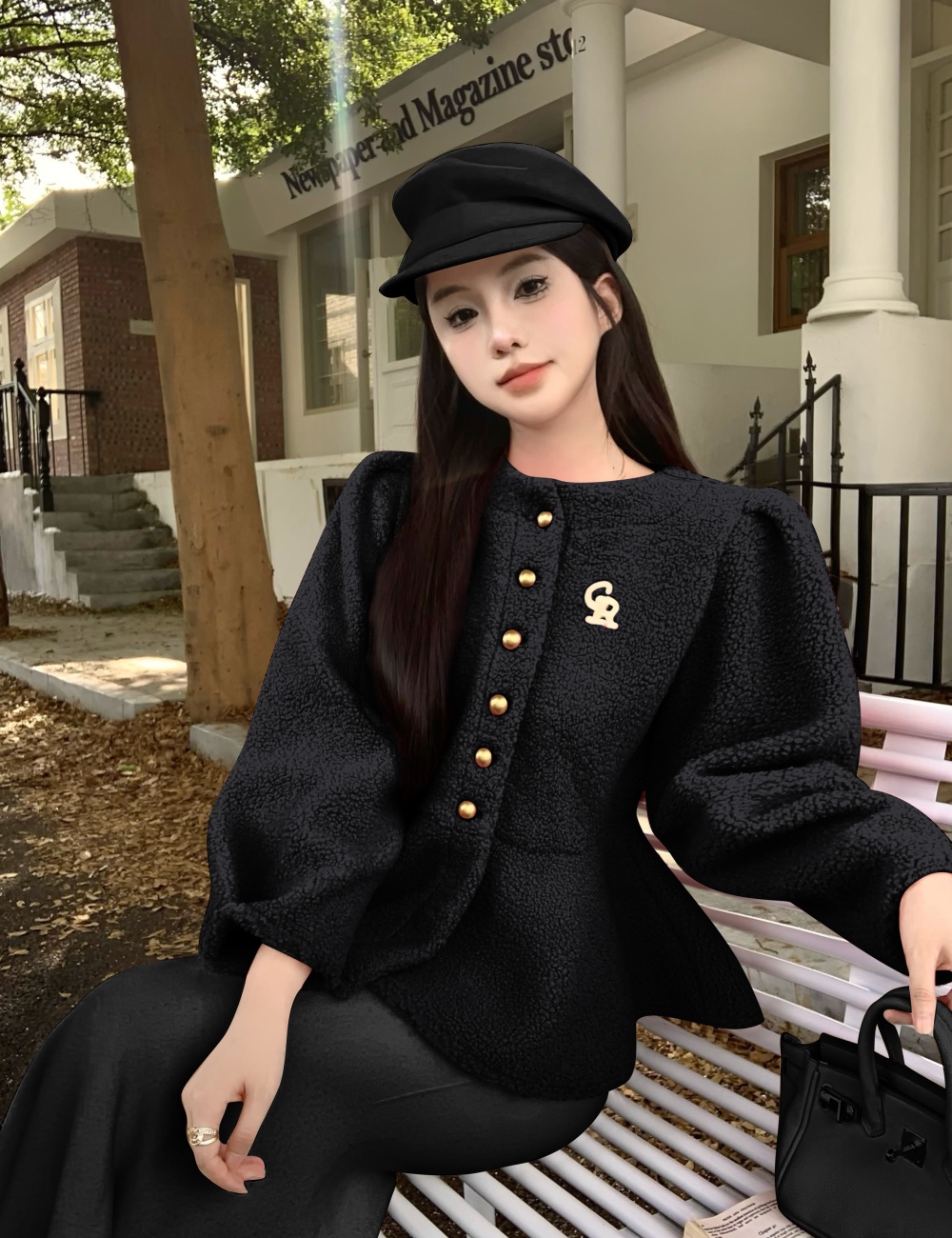 Lambs wool pinched waist fashion autumn and winter coat