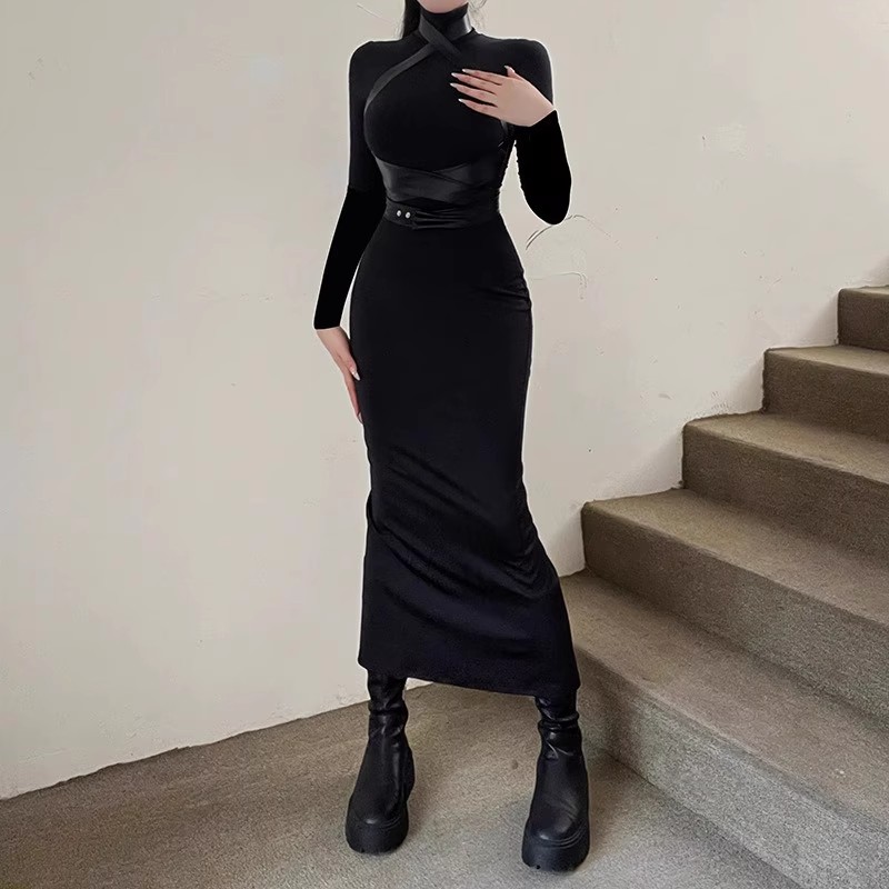 Autumn and winter dress black long dress for women