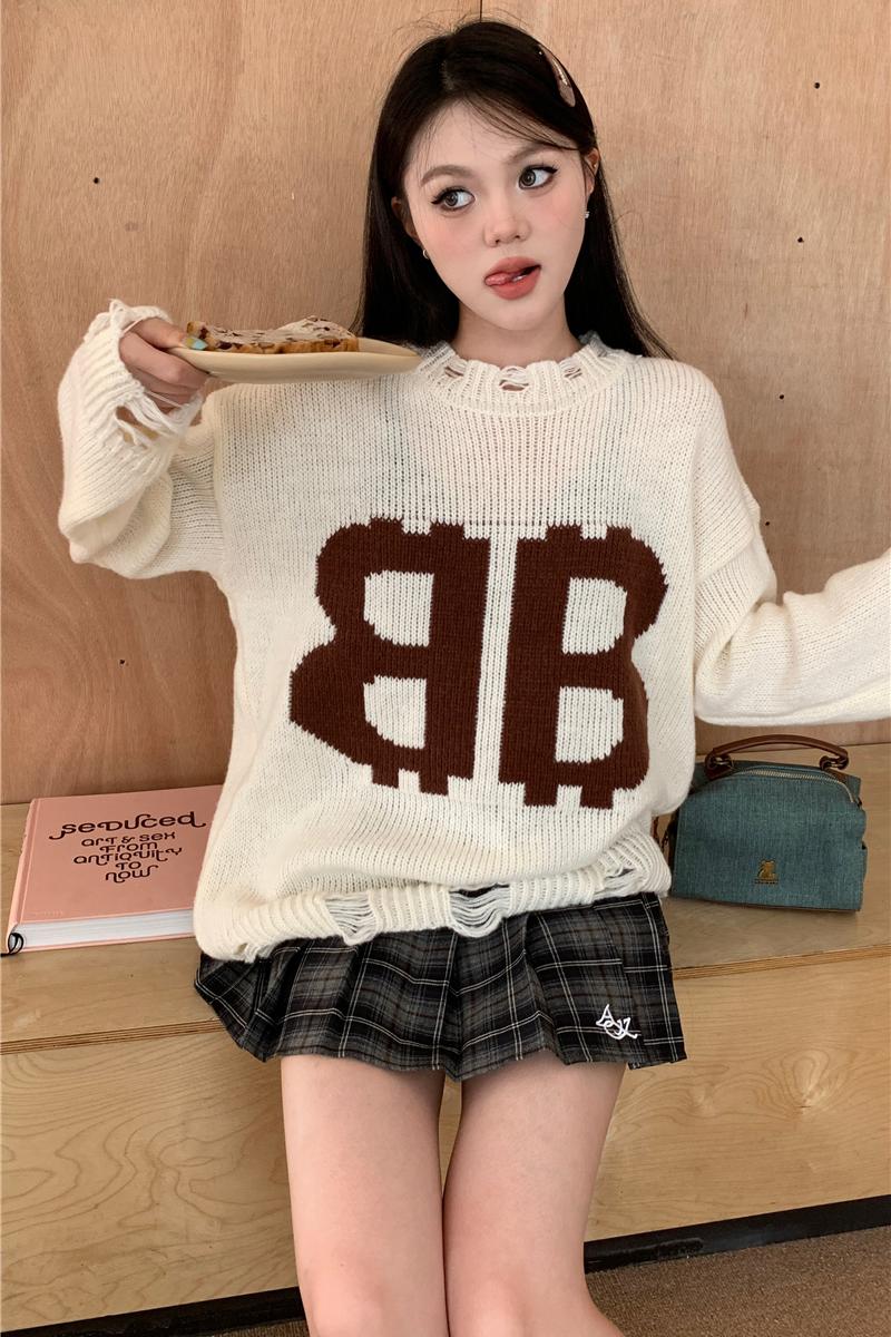 Holes all-match Korean style round neck knitted sweater