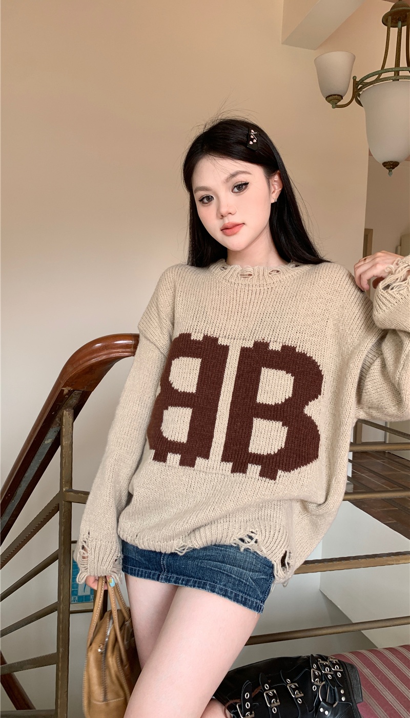 Holes all-match Korean style round neck knitted sweater