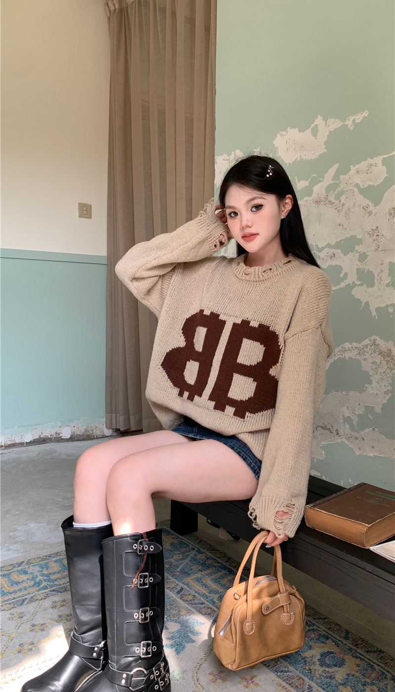 Holes all-match Korean style round neck knitted sweater