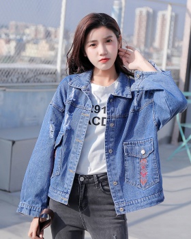 Washed lapel slim denim embroidery coat for women