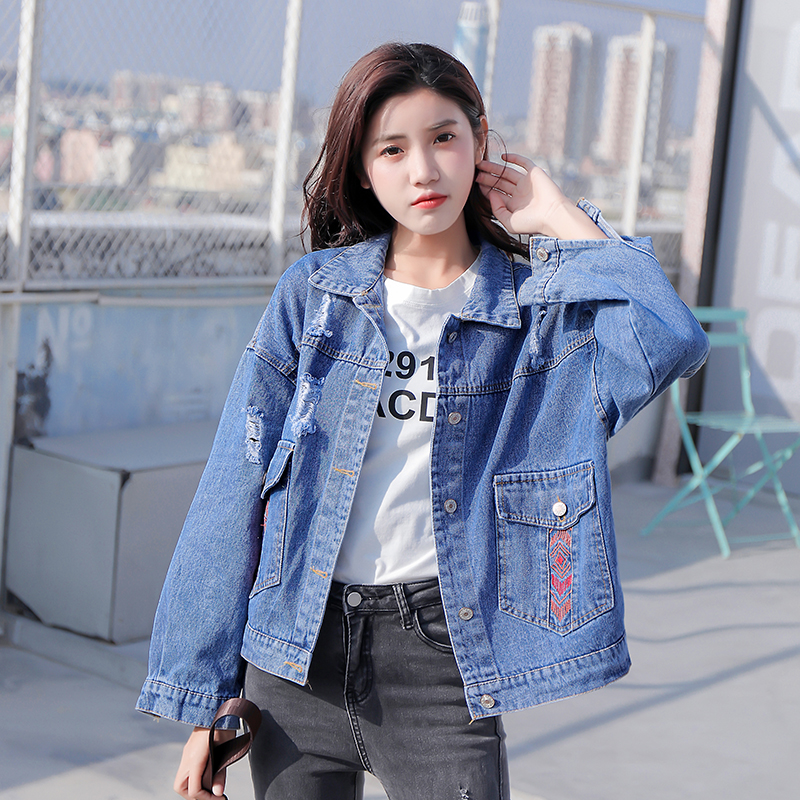 Washed lapel slim denim embroidery coat for women