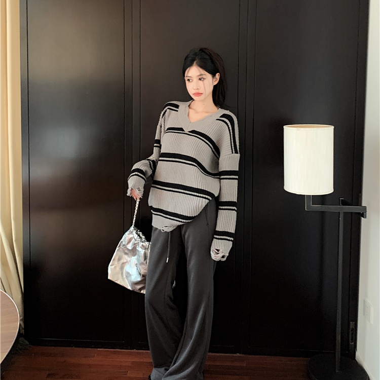 Lazy stripe knitted burr retro V-neck loose sweater