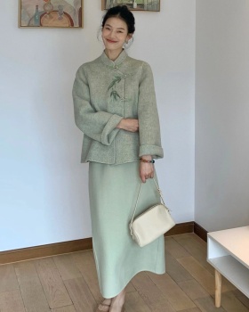 Chinese style short skirt woolen overcoat 2pcs set for women