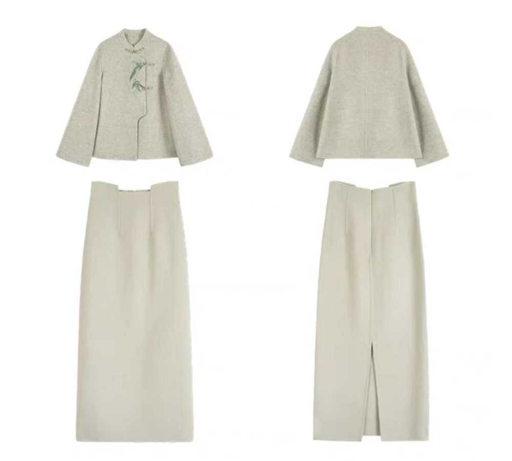 Chinese style short skirt woolen overcoat 2pcs set for women