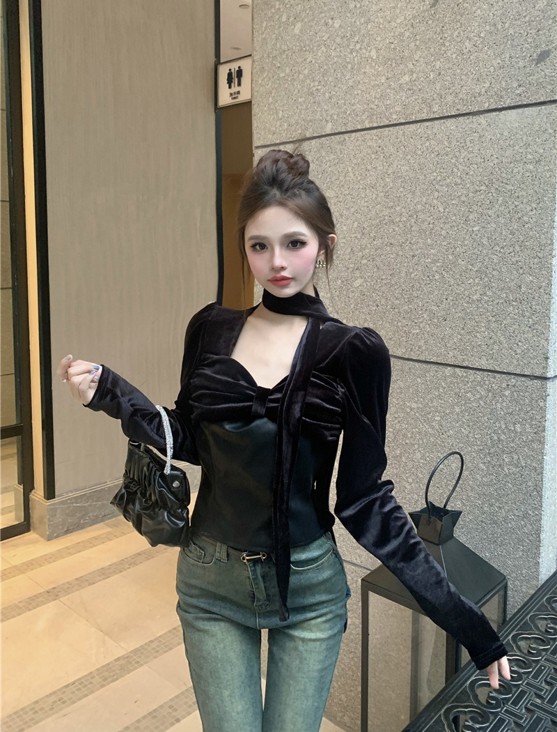 Autumn and winter retro tops velvet splice shirt