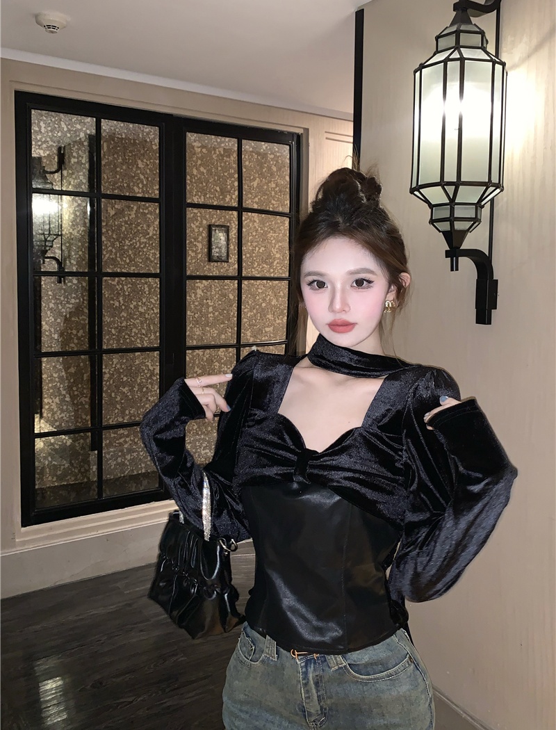 Autumn and winter retro tops velvet splice shirt